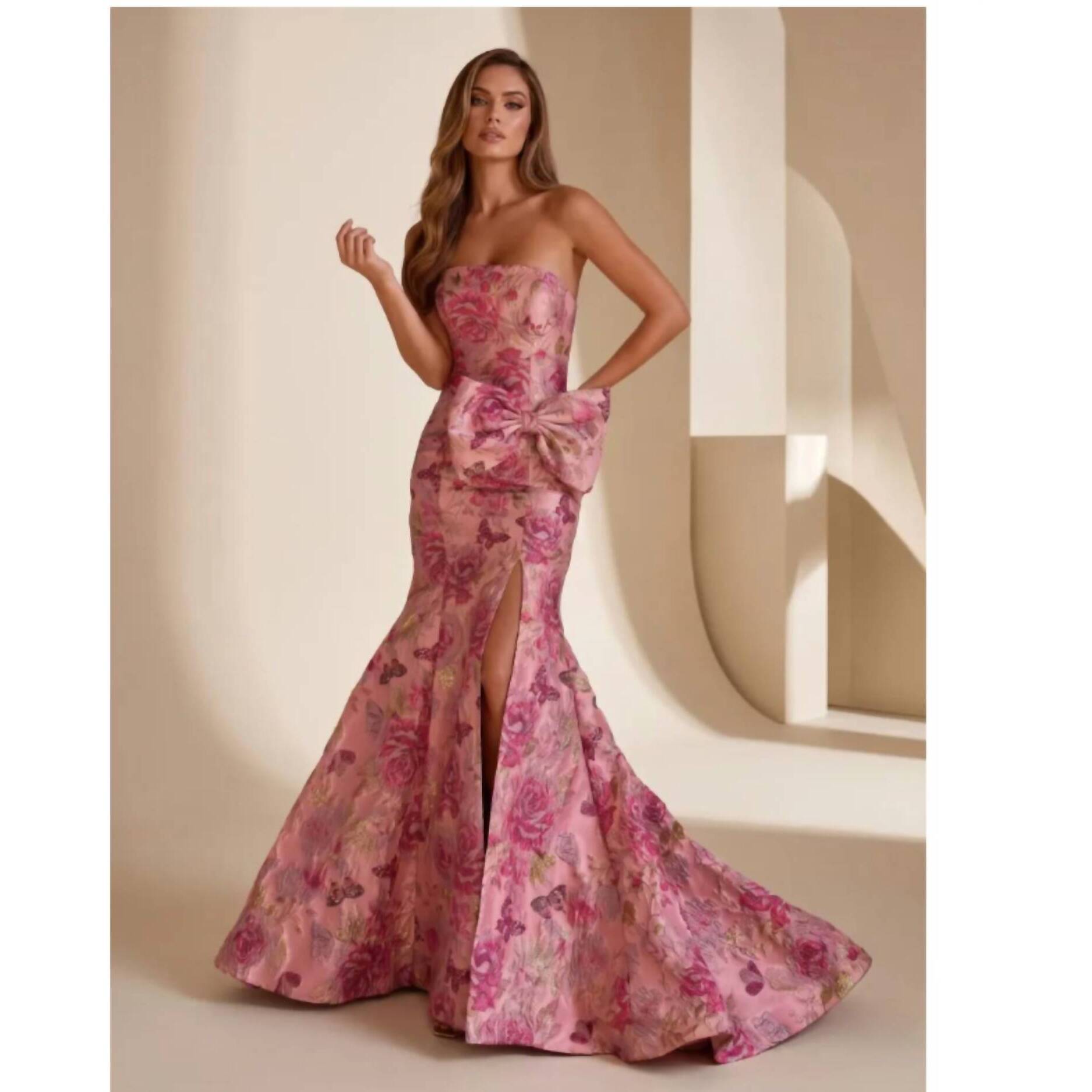 New Couture Lee Strapless Brocade Gown With Dramatic Side Bow In Pink